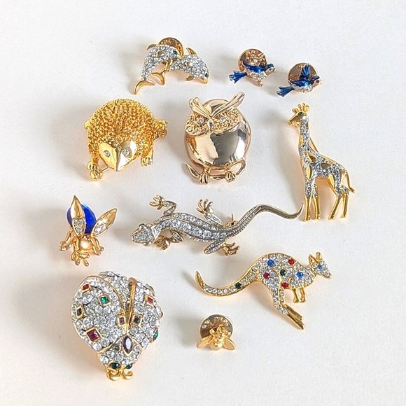 11pc. Gold-Tone Faux Gem Pave Encrusted Brooch Pins Collector's Lot Wildlife